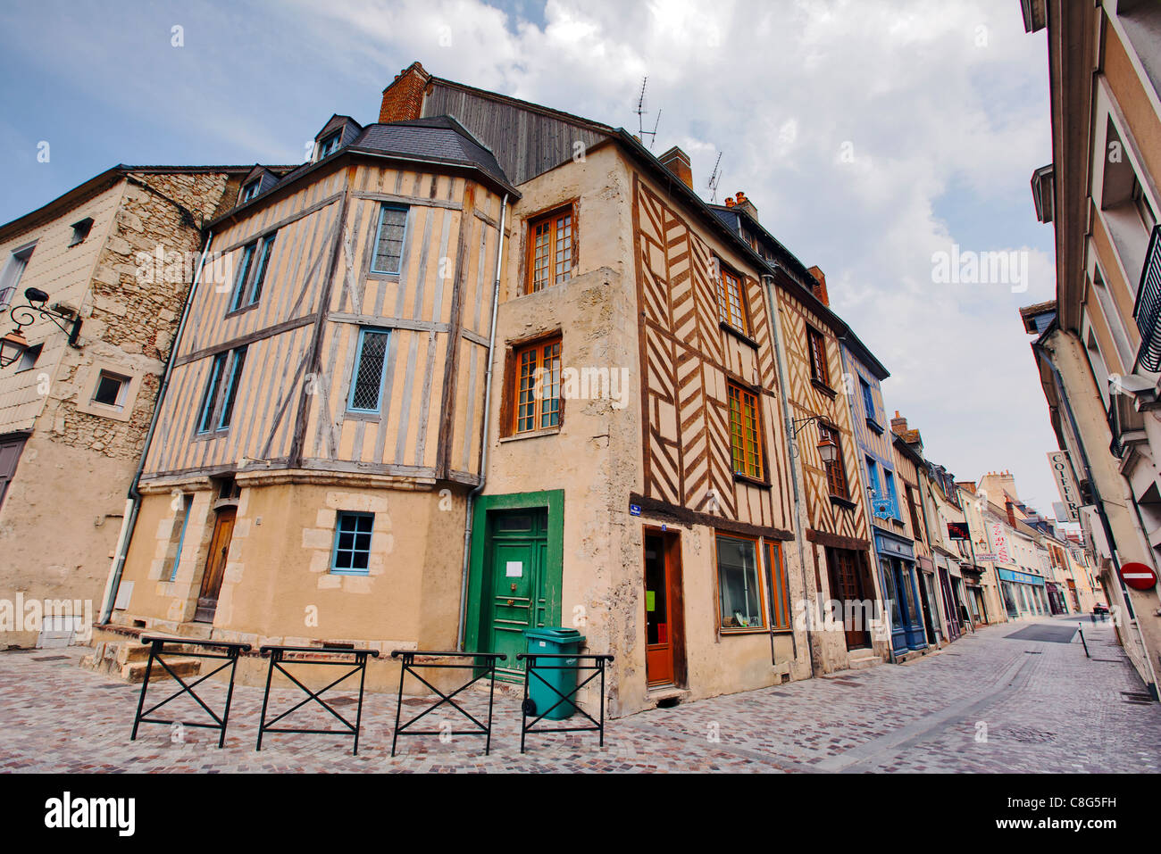 Historic Timbered house and shops, Ferté Bernard; Département de la Sarthe; . France; Europe Stock Photo