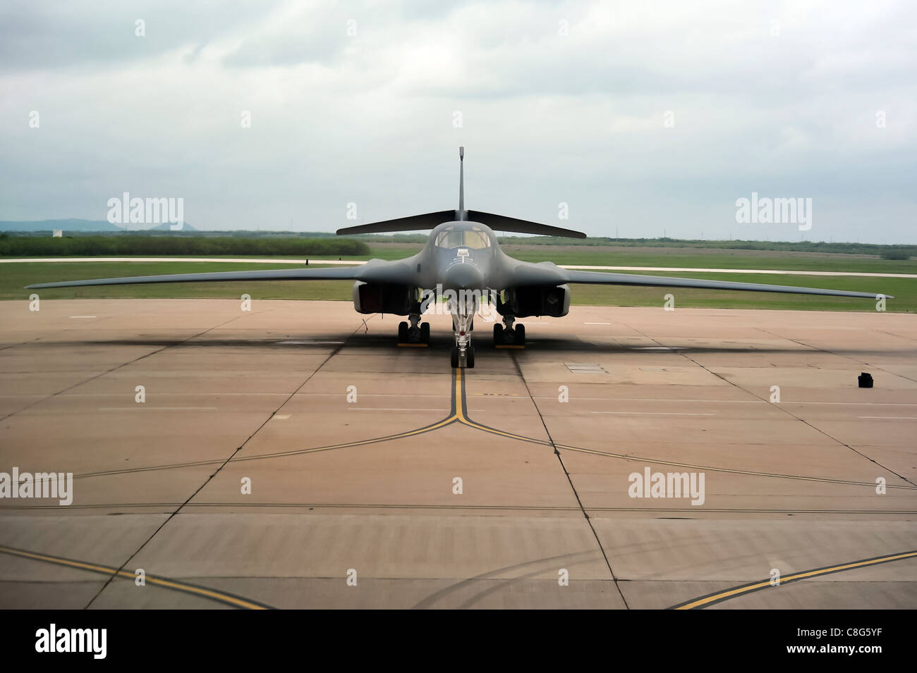 A B-1B Lancer sits on the flightline at Dyess Air Force Base, Texas. Stock Photo