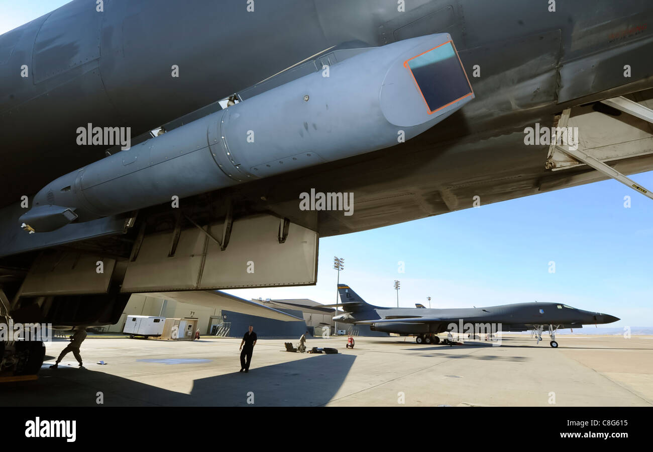A B-1B Lancer with a Sniper advanced targeting pod Stock Photo