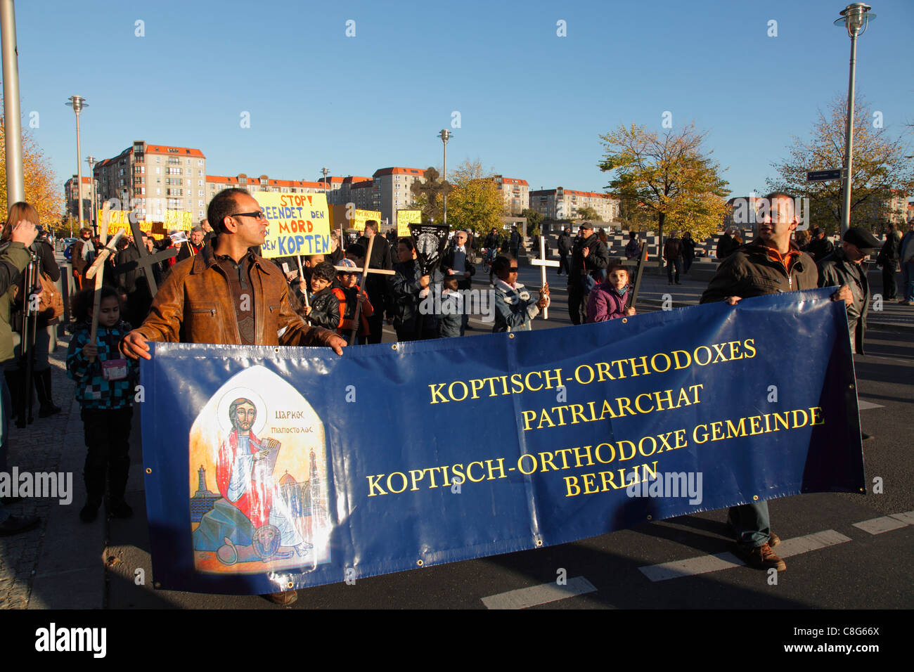 demonstration of the Coptic Orthodox Church of Berlin against murder of Coptic Orthodox Christian in Egypt Stock Photo