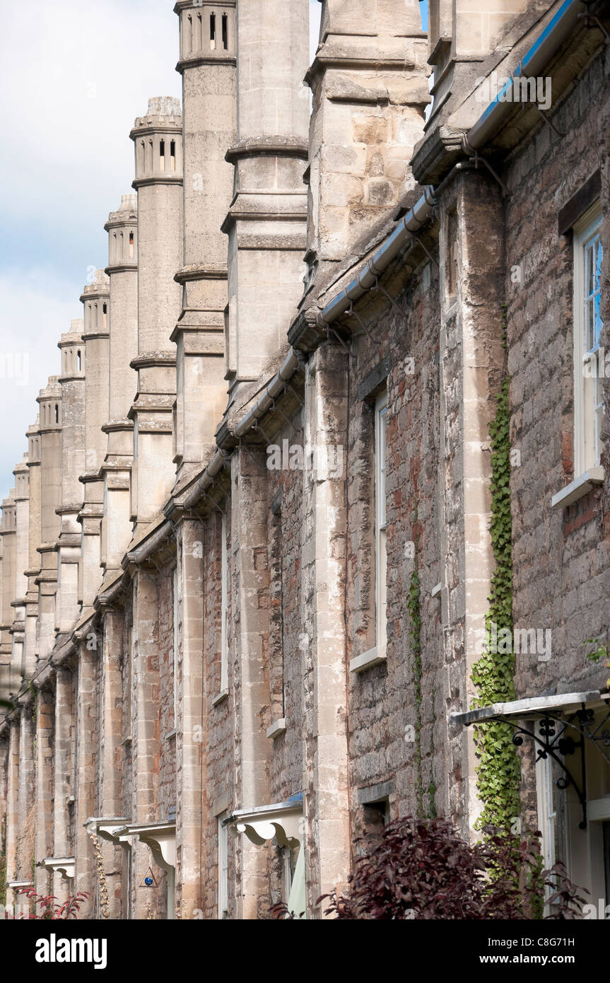 Row of Stone built houses and chimneys, Somerset Stock Photo