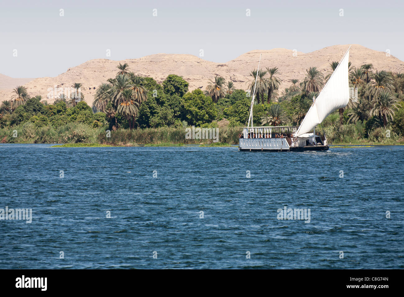 A dahabiya sailing on the river Nile Egypt, near the bank with palms and desert mountains in the background Stock Photo