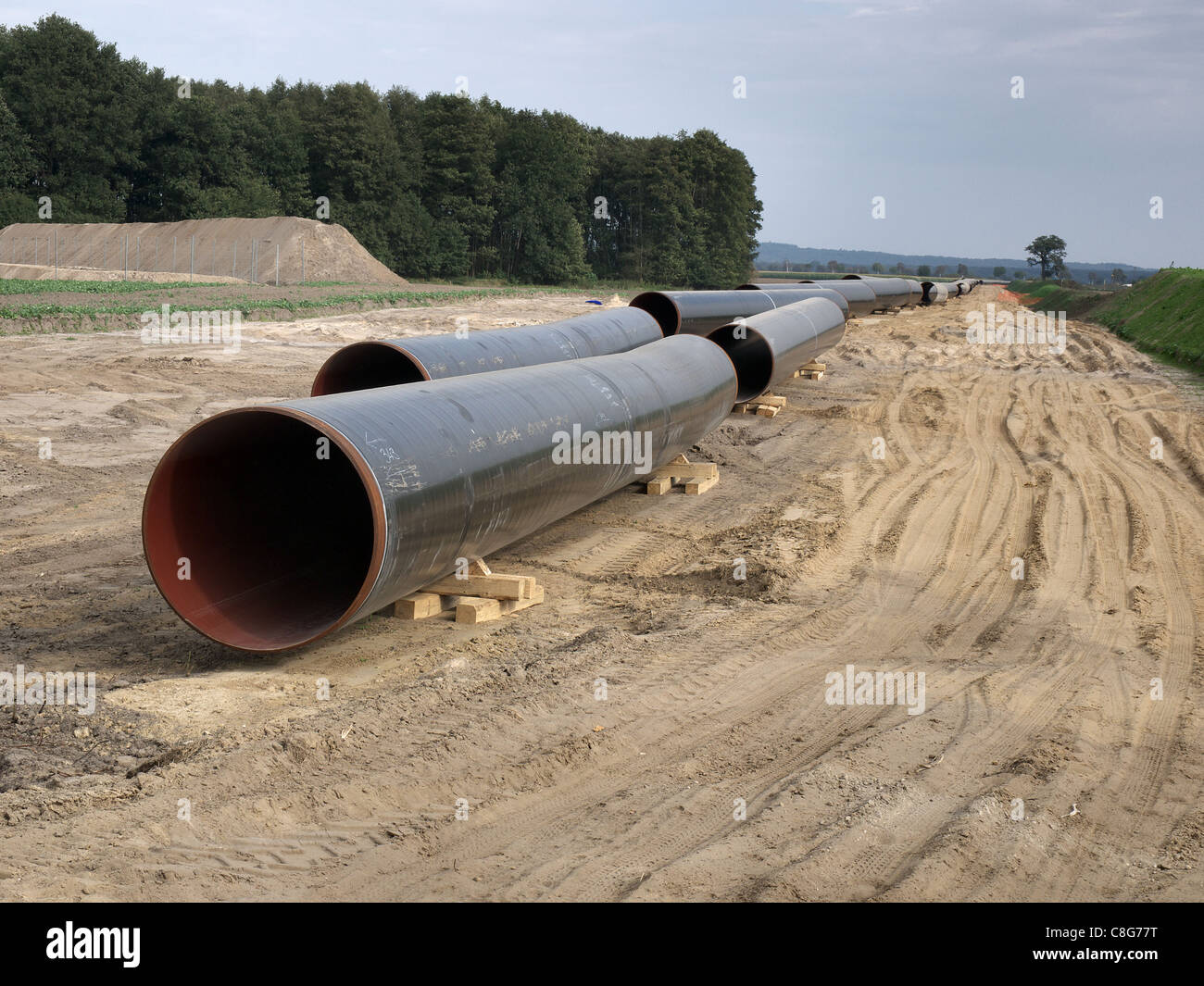 Building a gas pipeline connecting with the Nord Stream Pipeline between Russia and Western Europe. Stock Photo