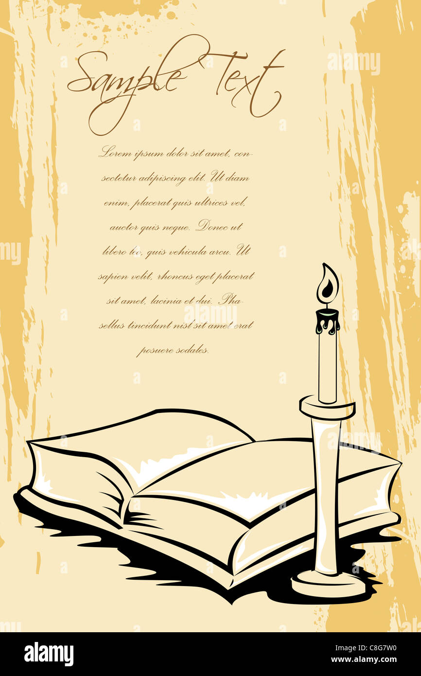 illustration of open book with candle stand on grungy background Stock ...
