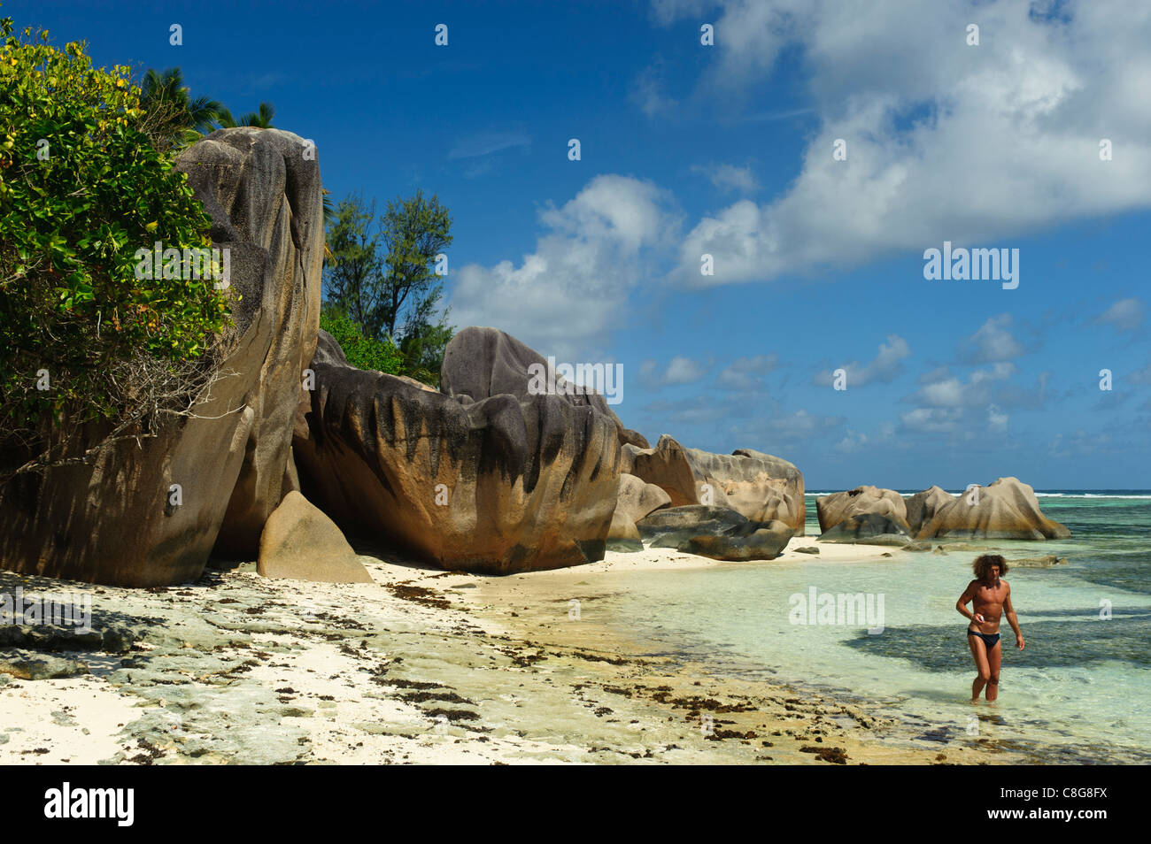 magnificent boulder-strewn tropical beach, La Digue island, Seychelles, Africa Stock Photo