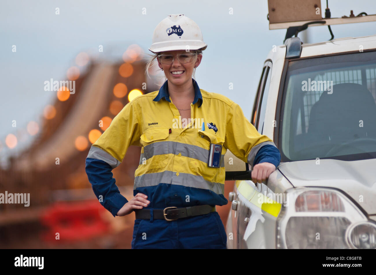 Communications officer with FMG at their iron ore loading facility in Port Hedland, Western Australia Stock Photo