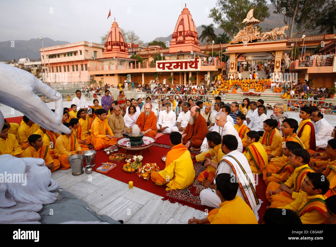 Evening celebration in Parmath, Rishikesh, Uttarakhand, India Stock Photo