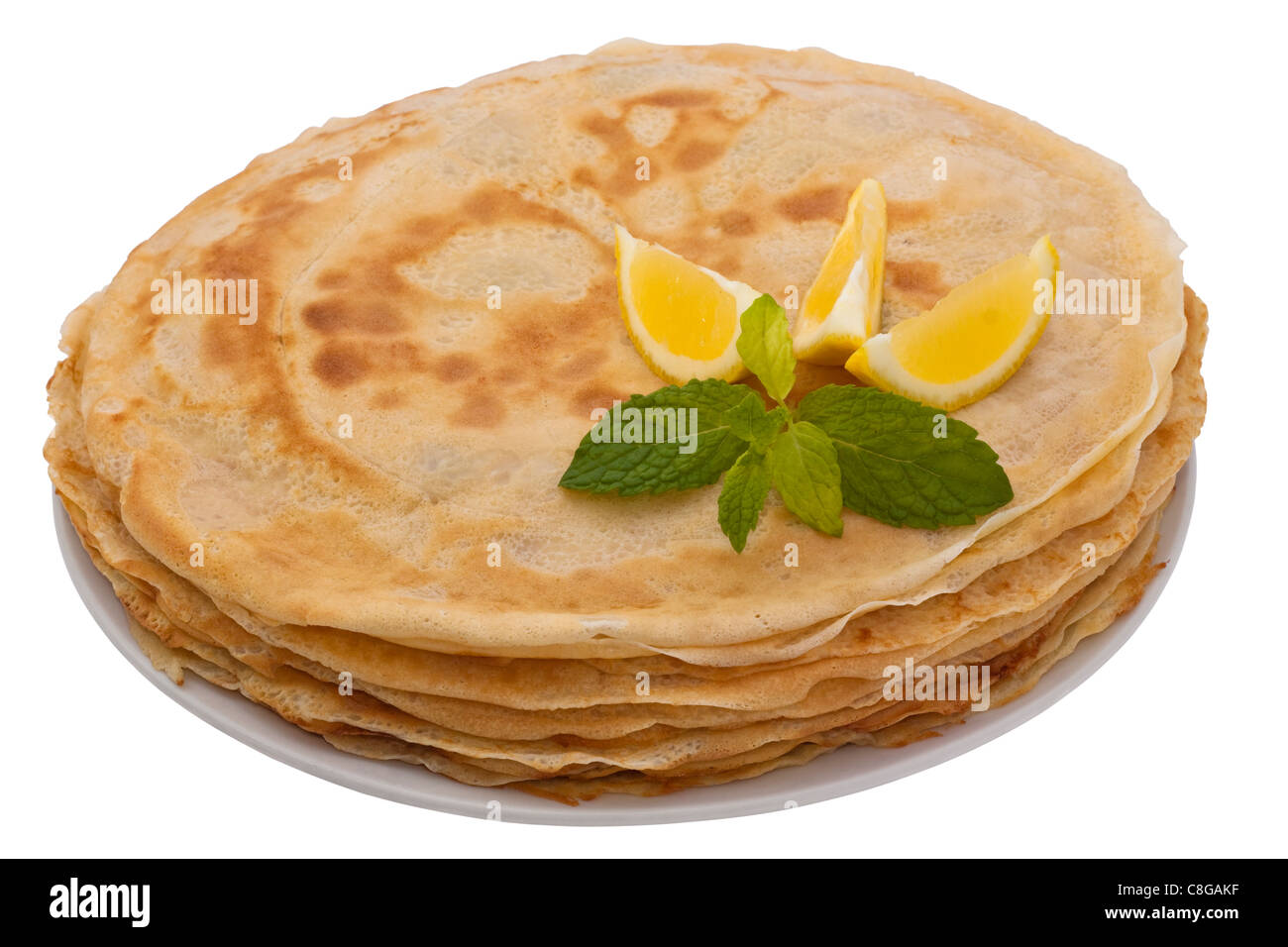 crepes on plate, isolated on white background. Stock Photo