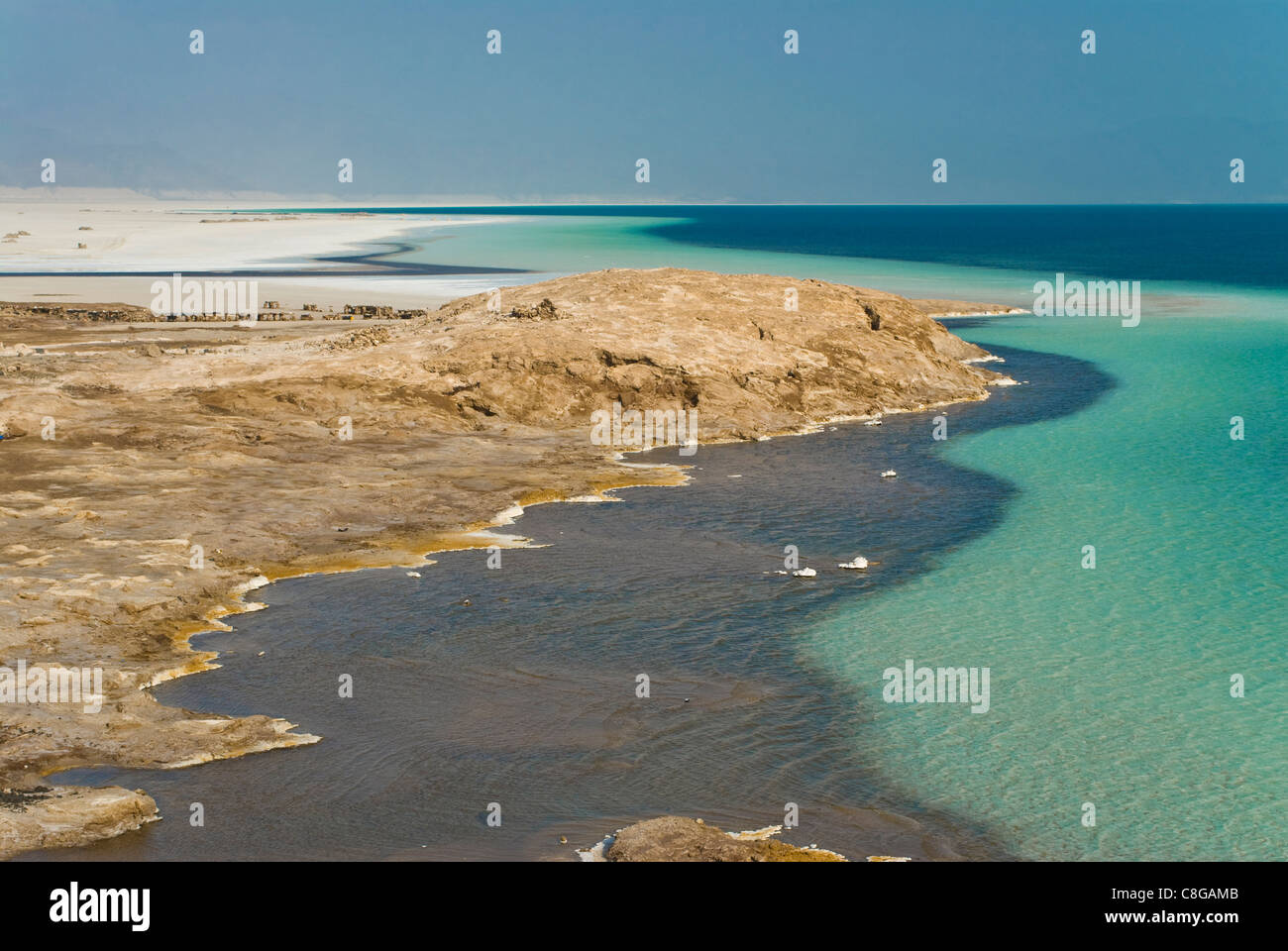 Lake Assal crater lake in the central Djibouti with its salt pans, Afar Depression, Djibouti Stock Photo