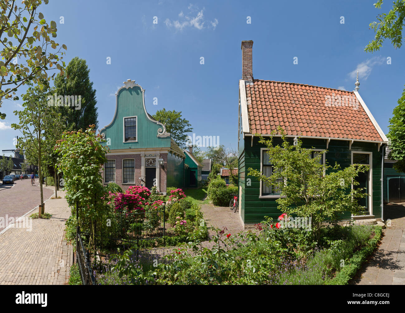Netherlands, Europe, Holland, Zaandijk, Wooden houses with garden, city, village, flowers, summer, garden, Stock Photo