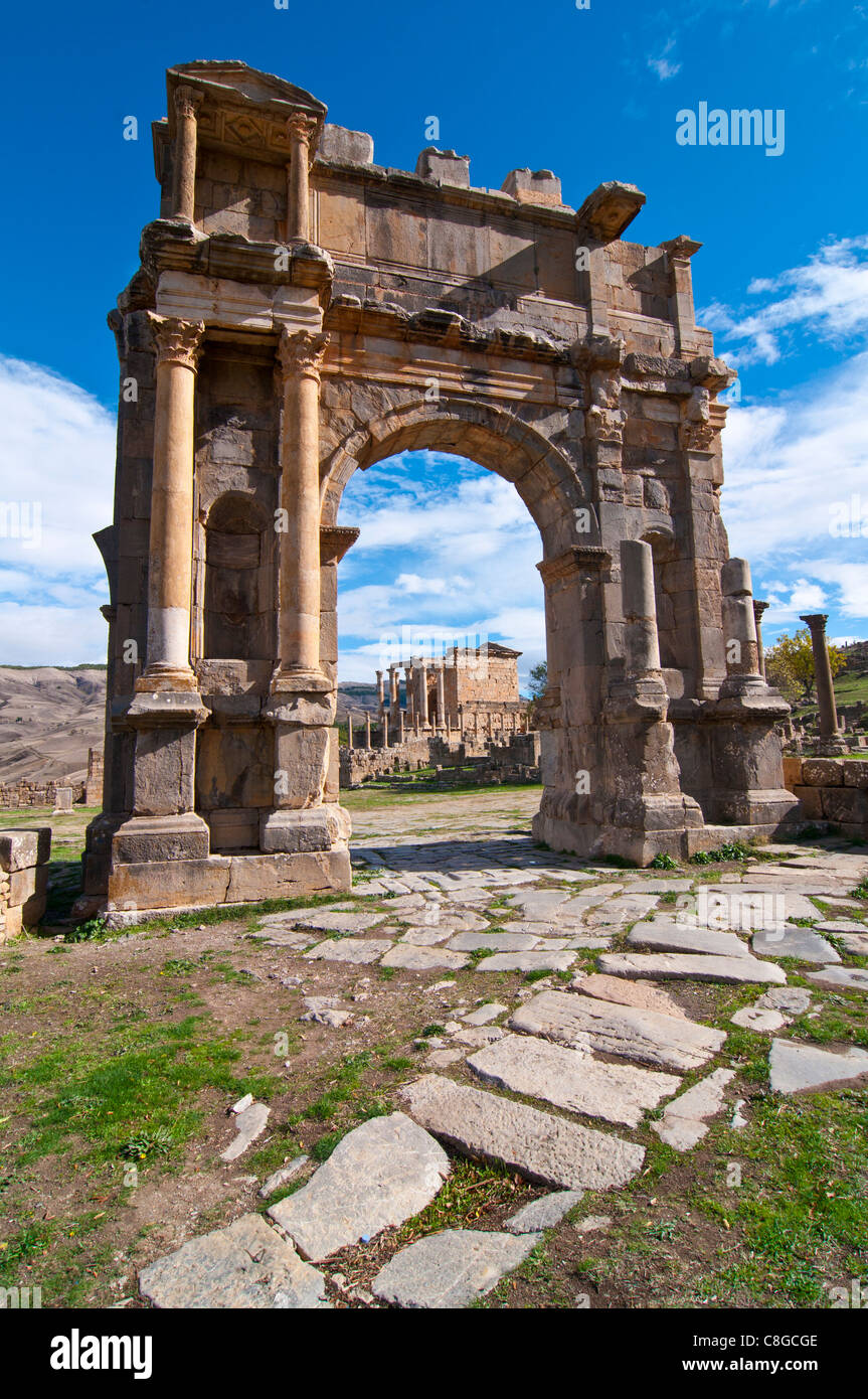 The Arch of Caracalla at the Roman ruins of Djemila, UNESCO World Heritage Site, Algeria, North Africa Stock Photo