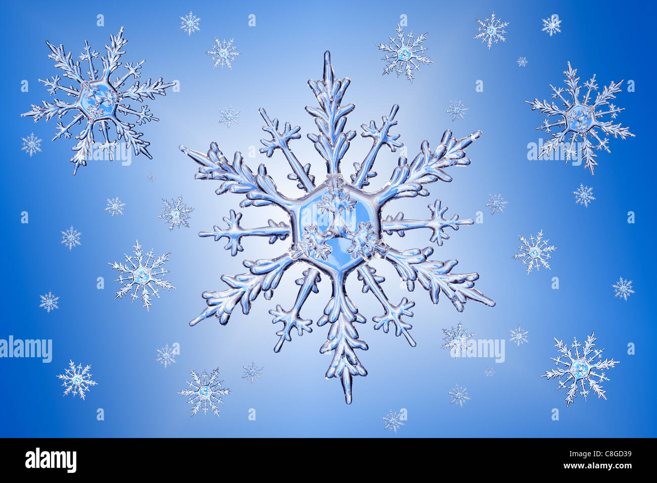Stillife synthetic snow crystals, blue background Stock Photo