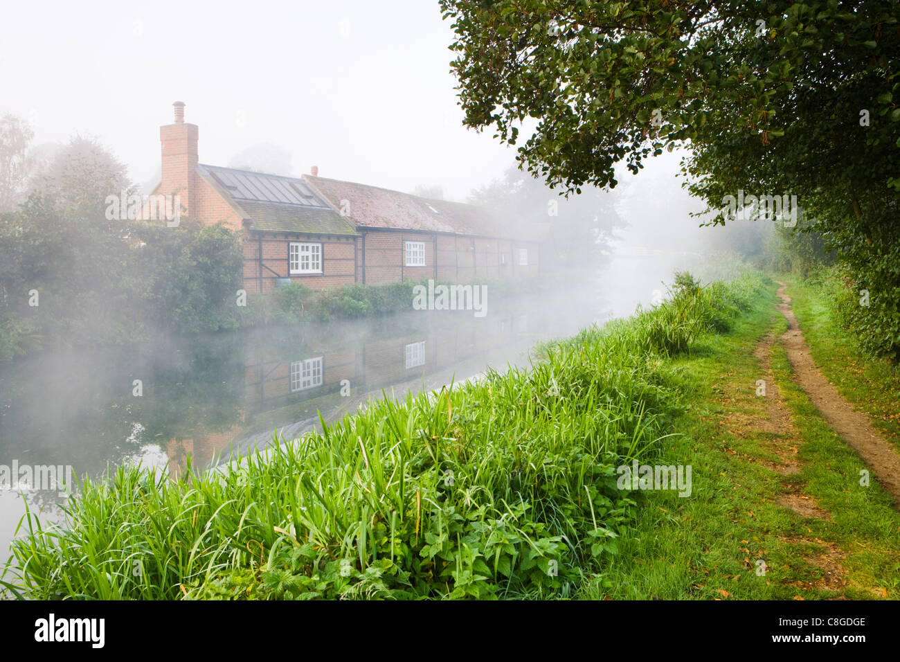 Early autumn misty dawn, River Wey, Pyrford, Surrey, uk. Stock Photo