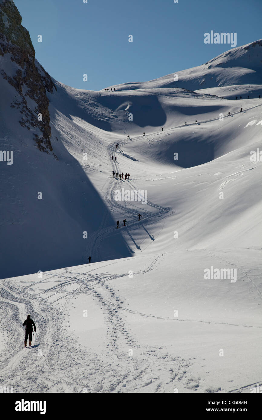 Ski mountaineering, Pale di San Martino, Cima Fradusta ascent, Dolomites, Trentino-Alto Adige, Italy Stock Photo