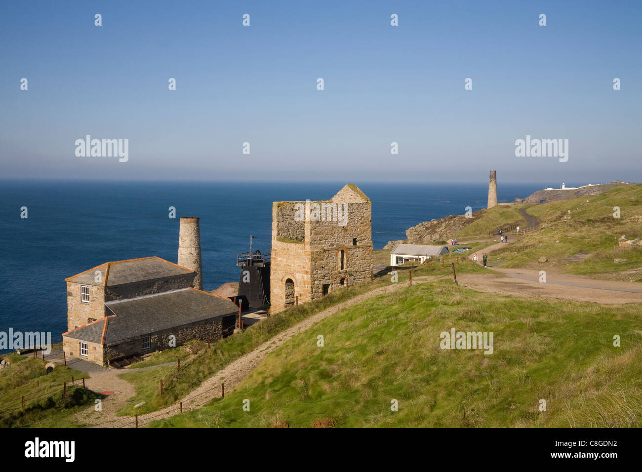 Pendeen Cornwall England View of Levant Tin mine home of Cornwall's oldest working Beam Engine from South West Coast Path Stock Photo
