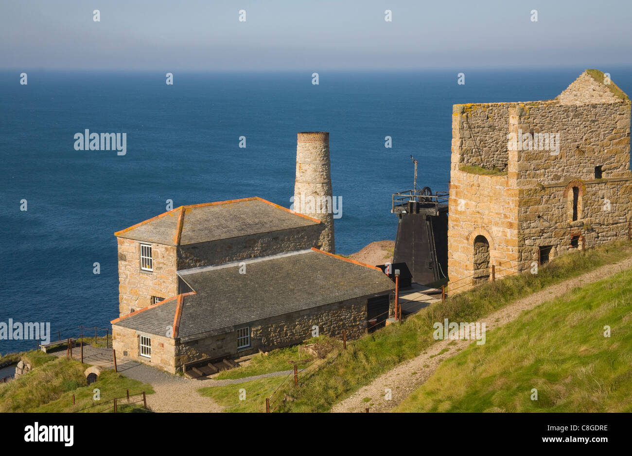 Pendeen Cornwall England View of Levant Tin mine home of Cornwall's oldest working Beam Engine from South West Coast Path Stock Photo