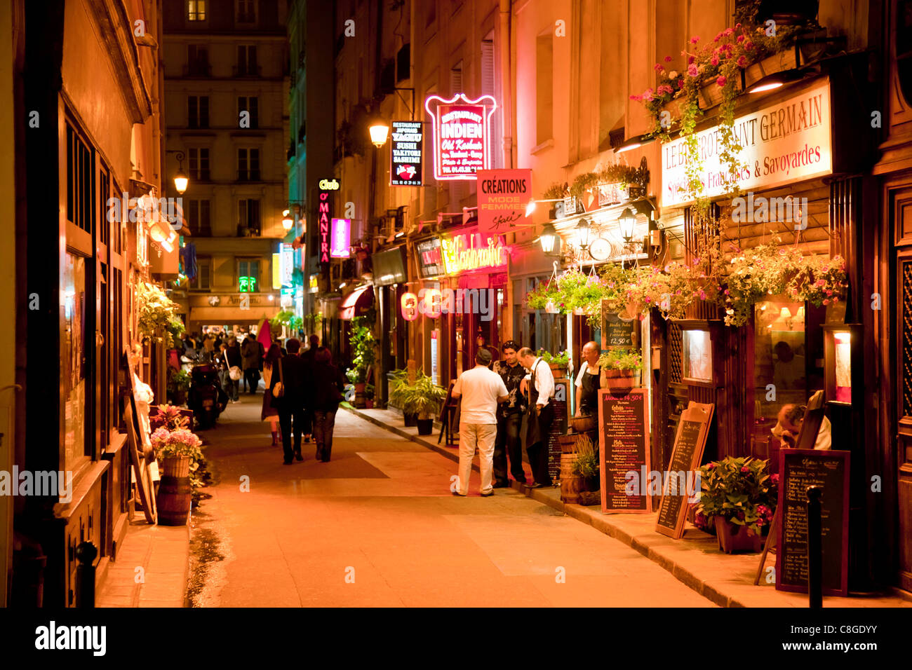 Street scene at night, Left Bank, Paris, France Stock Photo