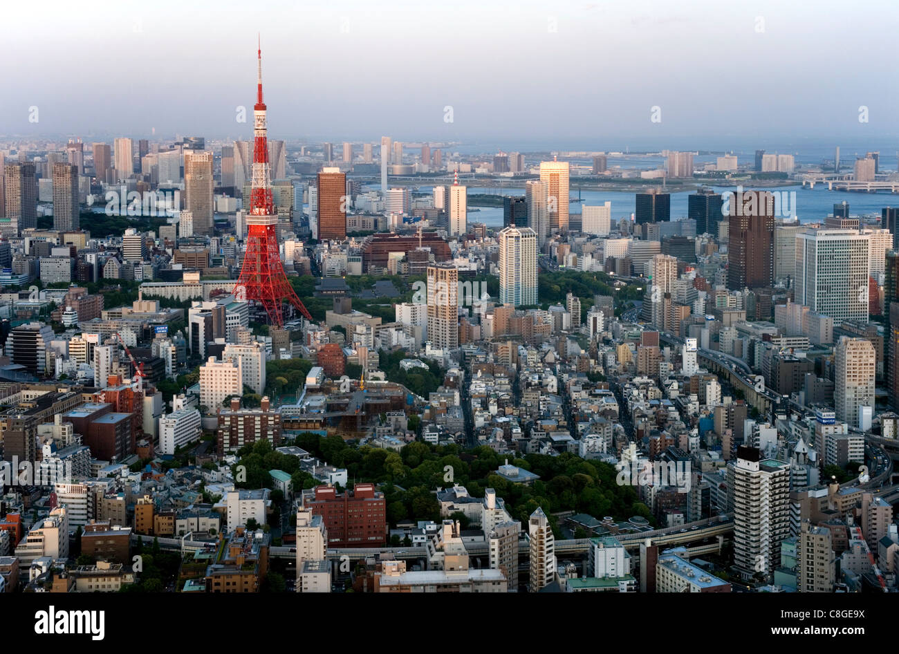 Aerial view of metropolitan Tokyo and Tokyo Tower from atop the Mori Tower at Roppongi Hills, Tokyo, Japan. Asia Stock Photo