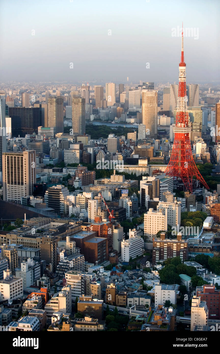 Aerial view of metropolitan Tokyo and Tokyo Tower from atop the Mori Tower at Roppongi Hills, Tokyo, Japan Stock Photo