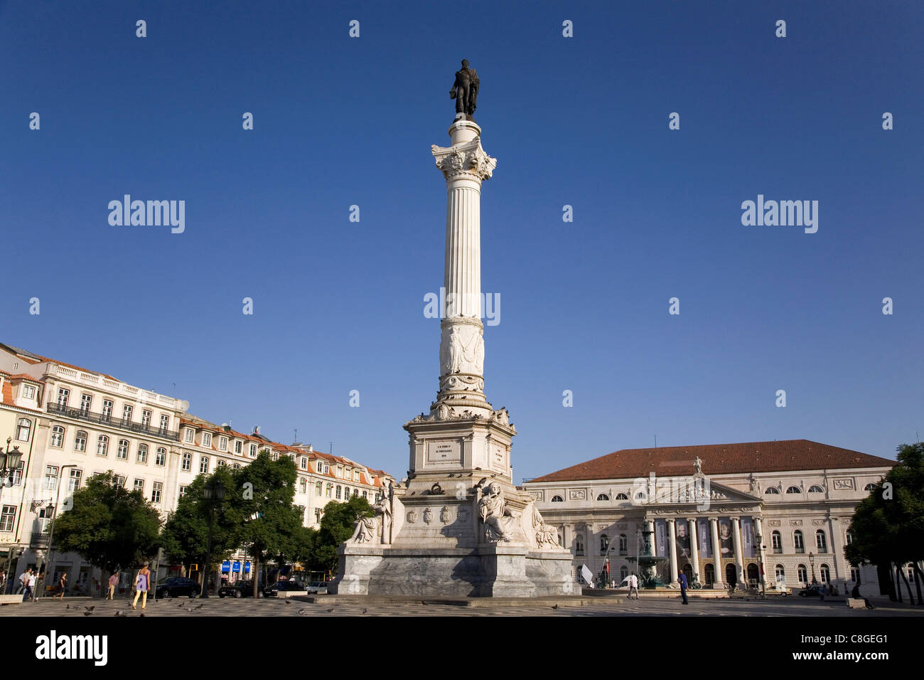 The memorial to King Dom Pedro IV stands in front of the National Theatre on Praca Dom Pedro IV at Rossio, Lisbon, Portugal Stock Photo