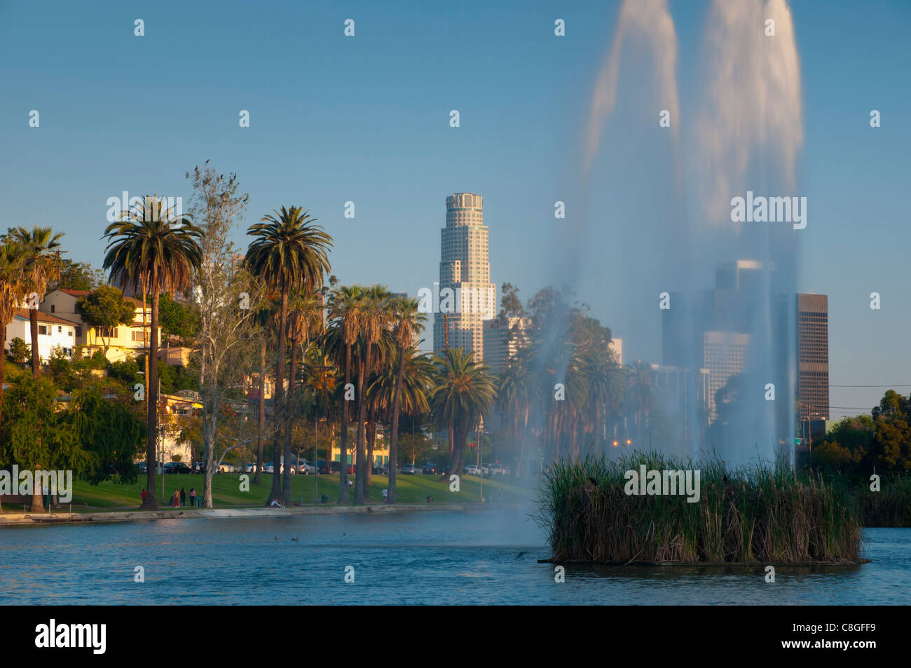Downtown skyline from Echo Park, Los Angeles, California, United States of America Stock Photo