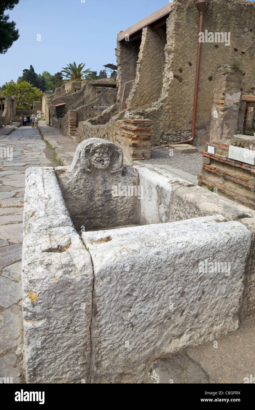 Drinking fountain on Cardo V, Herculaneum, UNESCO World Heritage Site, Campania, Italy Stock Photo