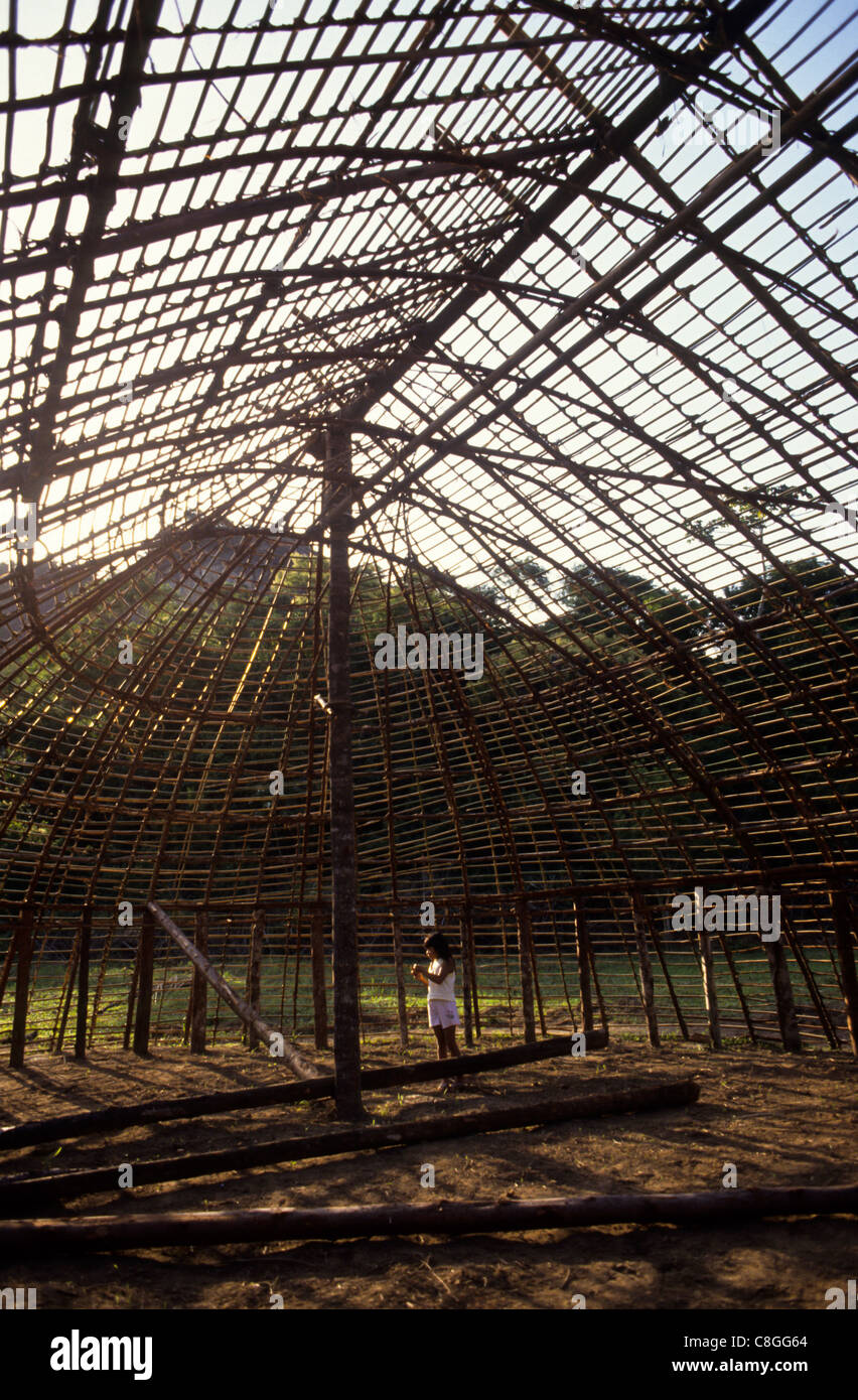 Brazil. Yawalapiti communal house under construction with timber and wattle framework. Stock Photo