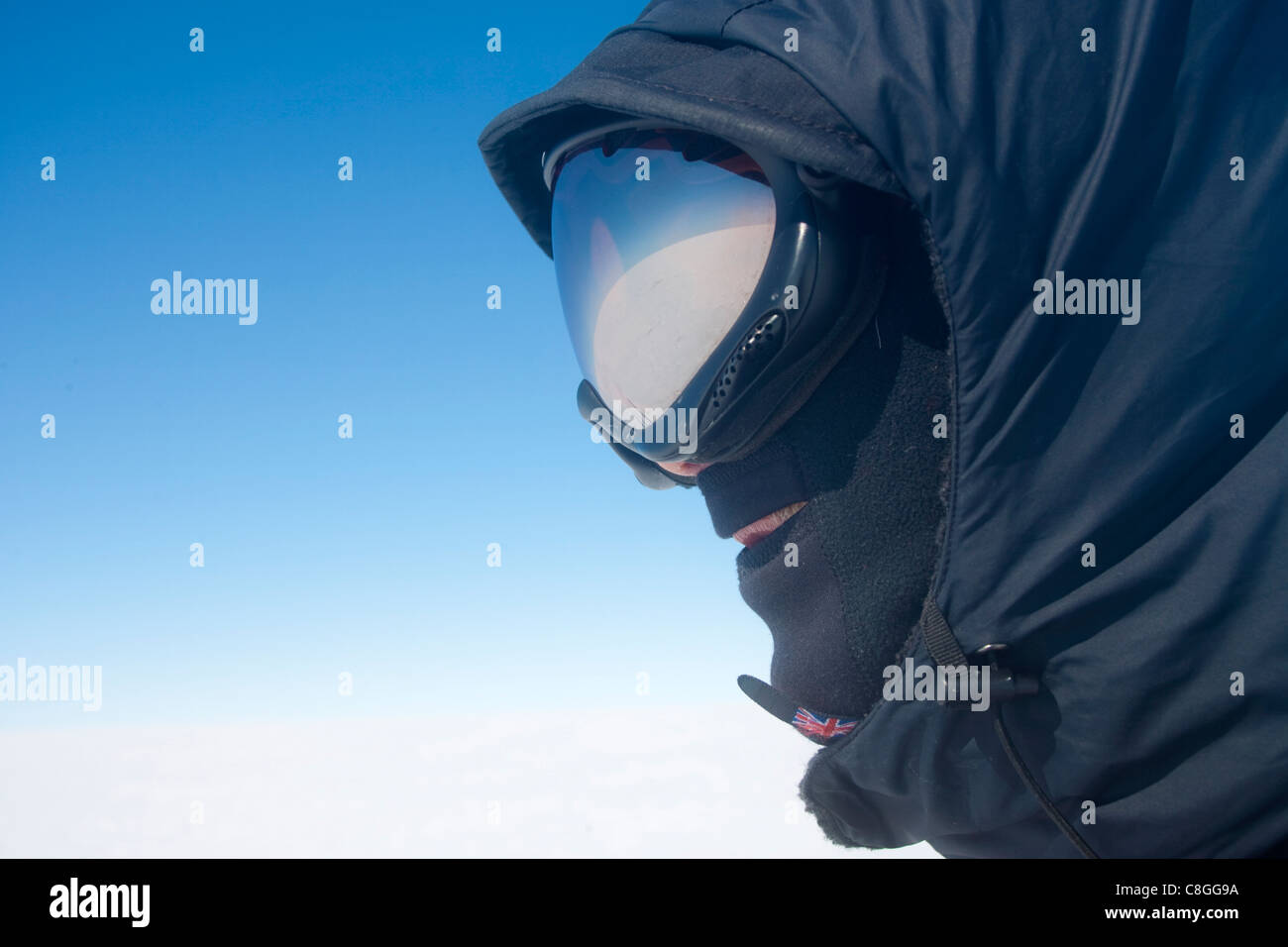 Portrait of polar explorer dressed for Arctic conditions, inland ice, Greenland, Polar Regions Stock Photo