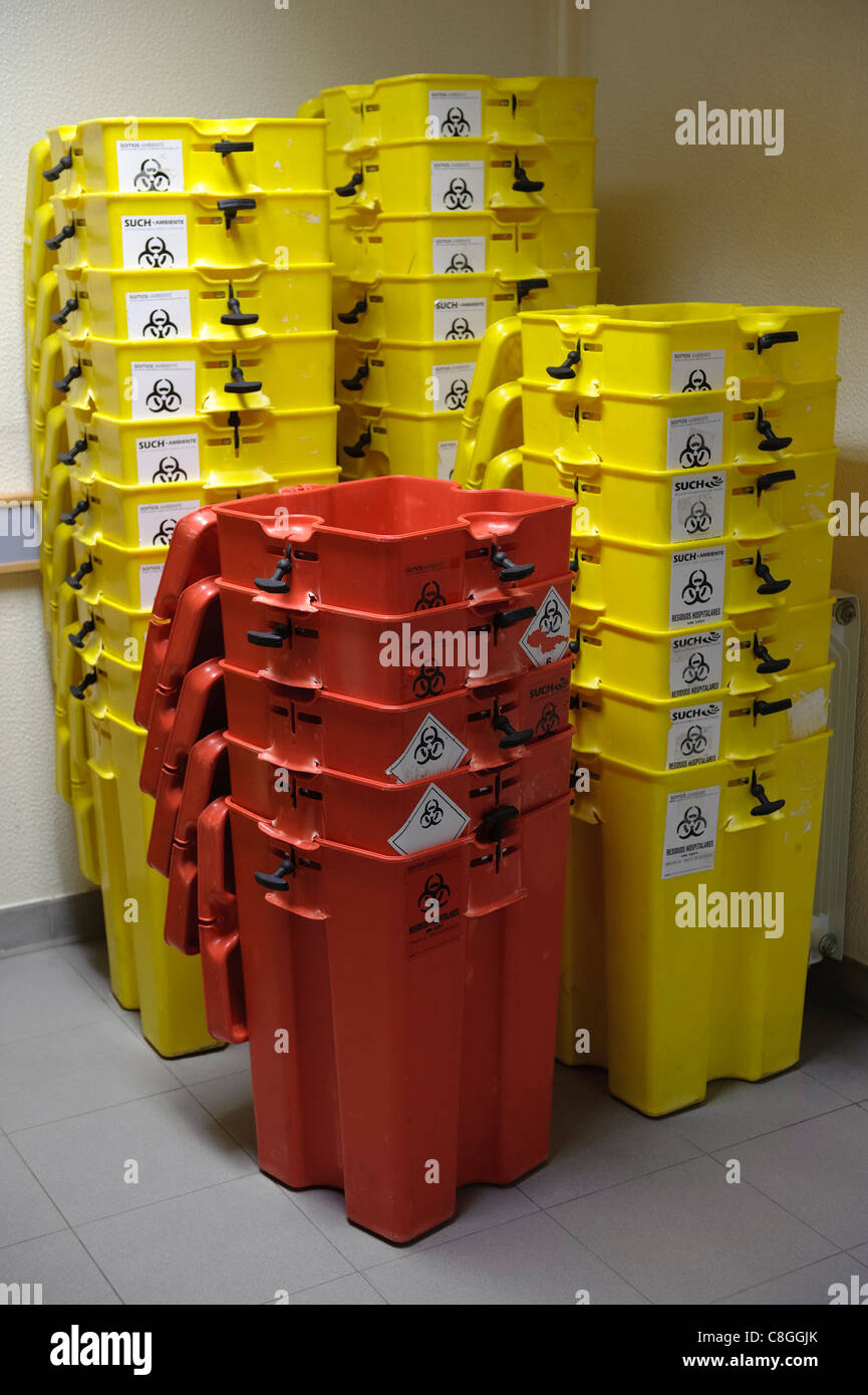 Biohazard waste disposal containers at hospital Stock Photo Alamy