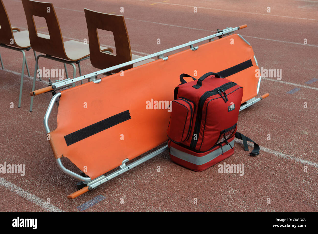 Stretcher and first aid backpack at sporting event Stock Photo