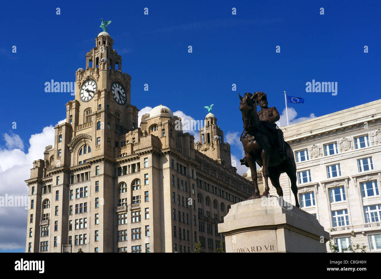 Liver building with the Liver Birds statues, Waterfront, Liverpool One, Liverpool, England, UK, Great Britain. Stock Photo