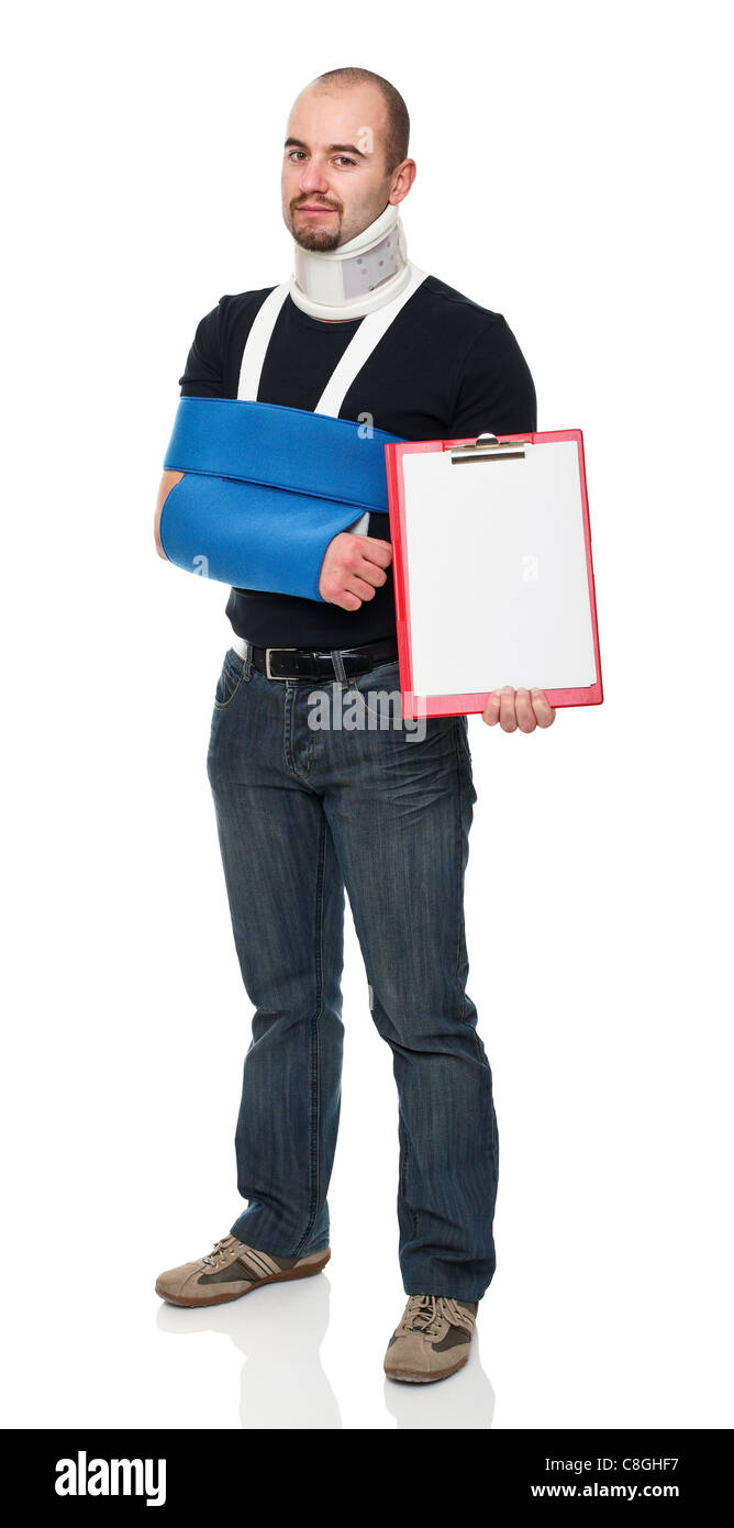 standing man isolated on white with broken arm Stock Photo