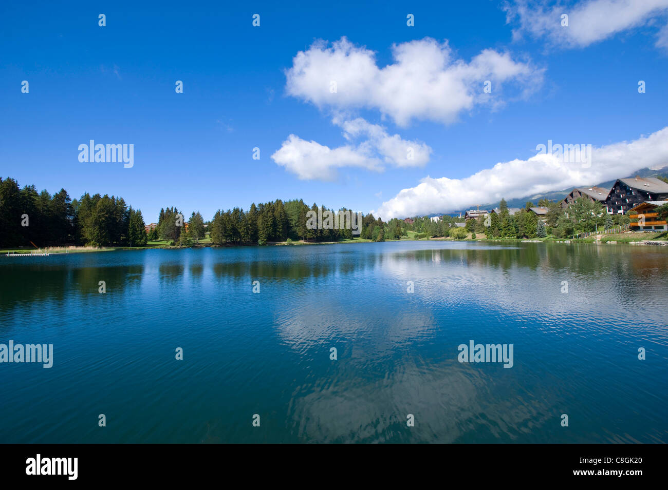 Switzerland, Europe, cloud, clouds, summers, wood, forest, tree, mountain, mountains, lake, panorama, scenery, Valais, Crans Mon Stock Photo