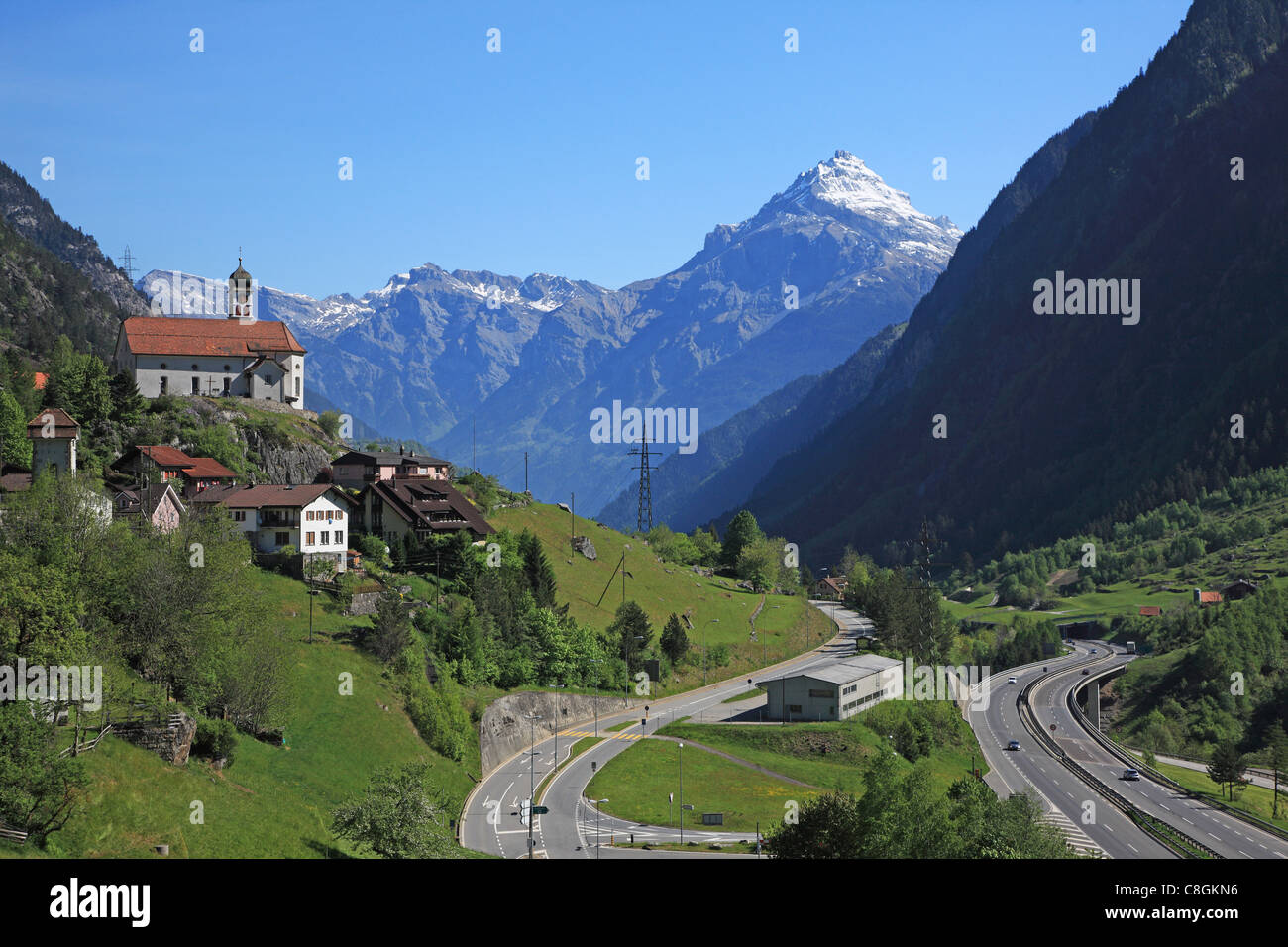 Travel, Geography, Nature, Europe, Switzerland, Uri, Wassen, Traffic, Village, Autobahn, Road, Swiss Alps, Mountain, Tranquil, L Stock Photo