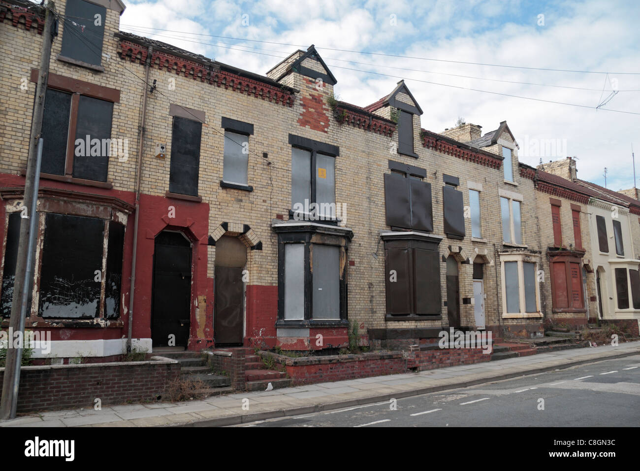 A line of boarded up houses on Lothair Road, Anfield, Liverpool. This