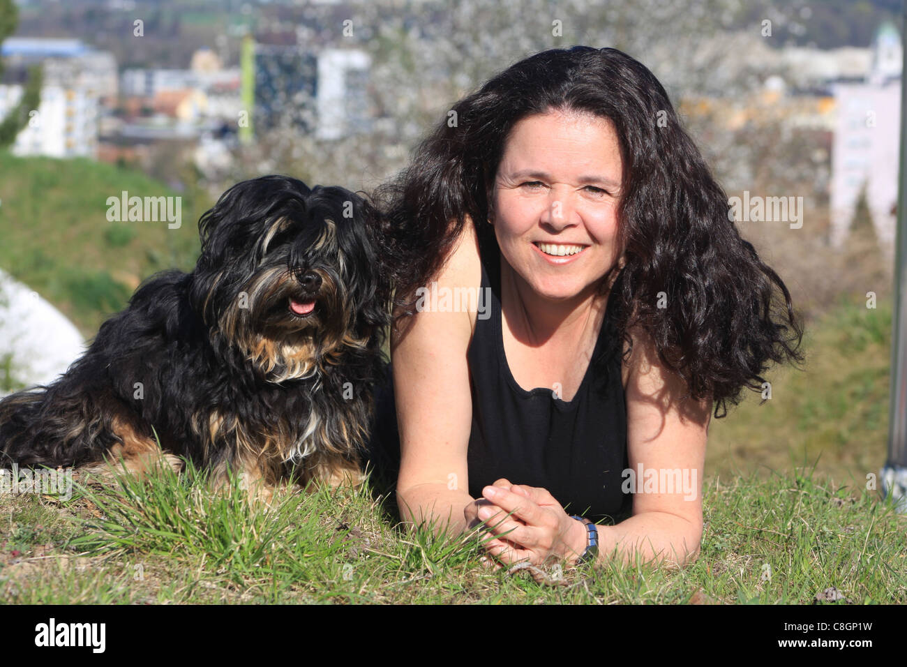 Woman, Wife, dog, dark-haired, Havanese, dog, portrait, similarity, person, animal, grass Stock Photo