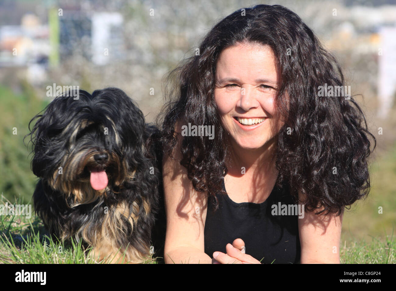 Woman, Wife, dog, dark-haired, Havanese, dog, portrait, similarity, person, animal, grass Stock Photo