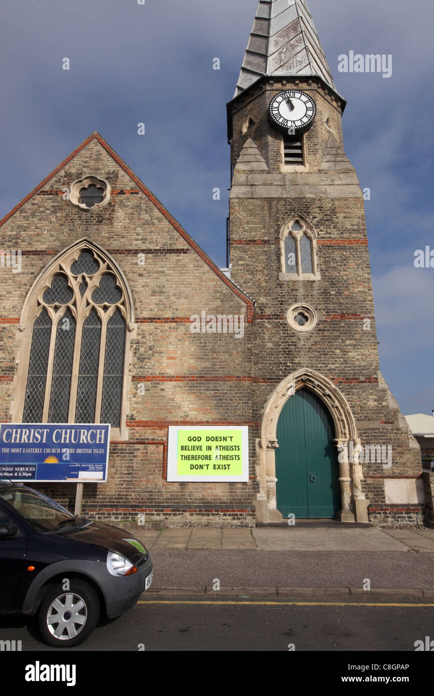 'God Doesn't Believe in Atheists Therefore Atheists Don't Exist' sign outside of Christ Church, Lowestoft, UK. Stock Photo