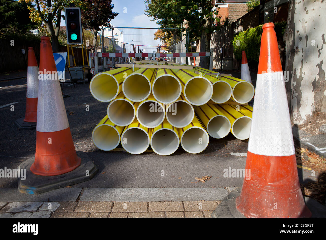 New Gas Pipes on roadside awaiting installation Stock Photo Alamy