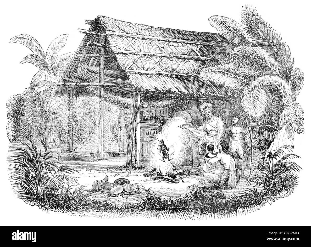 South American Indian hut huts crude shelter dwelling home house grass palm mud nomadic culture wilderness plantation jungle Stock Photo
