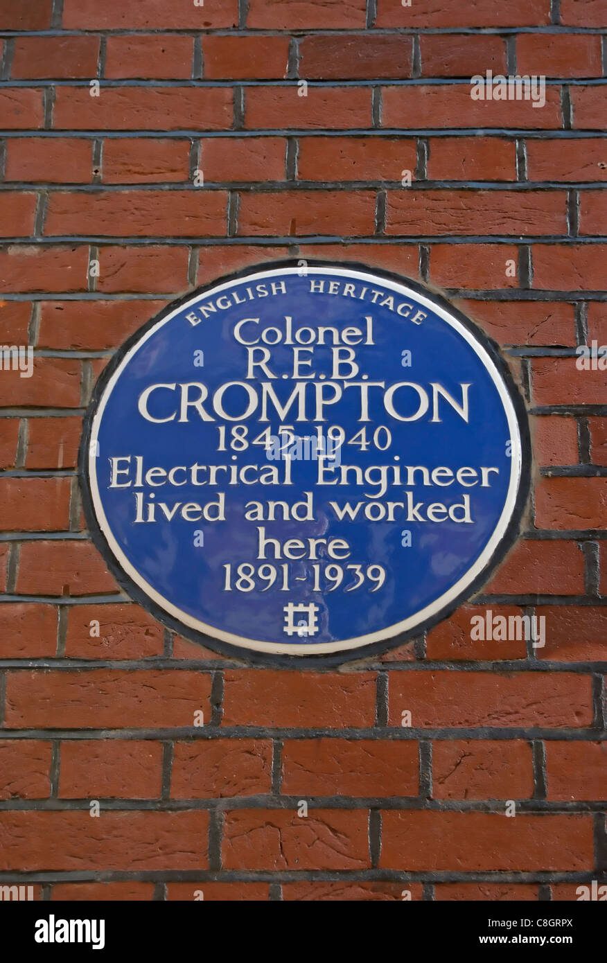 english heritage blue plaque marking a home of electrical engineer colonel r.e.b. crompton, kensington, london, england Stock Photo
