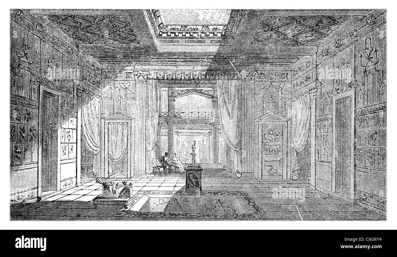 Painted wall Court Pompeian Pompeii Architecture Interior Mansion column fountain ancient Roman Vesuvius palace drapes curtains Stock Photo