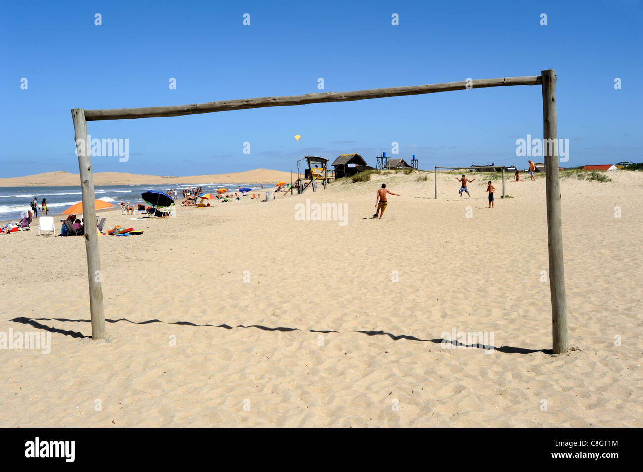Uruguay, South America, Rocha, Valizas, gate, football, soccer, sand, coast, sea Stock Photo