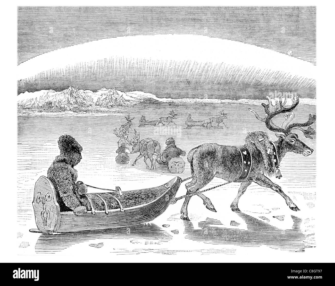 sled sledge sleigh vehicle snow ice sleds transport passenger cargo Santa Claus reindeer antler fur coat saddle reign Stock Photo