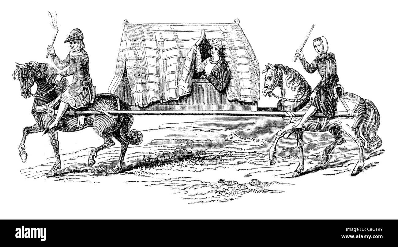 Two horse litter 14th century wheelless vehicles human powered transport lectica jiao sedan chairs palanquin palki Woh giao gama Stock Photo