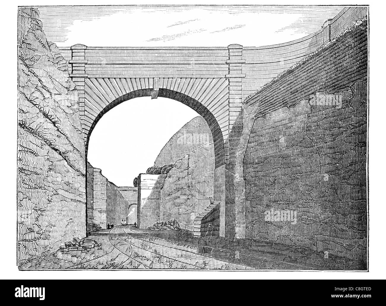 Olive Mount cutting Liverpool and Manchester Railway Steam Locomotive construction excavation excavated bridge arch Stock Photo