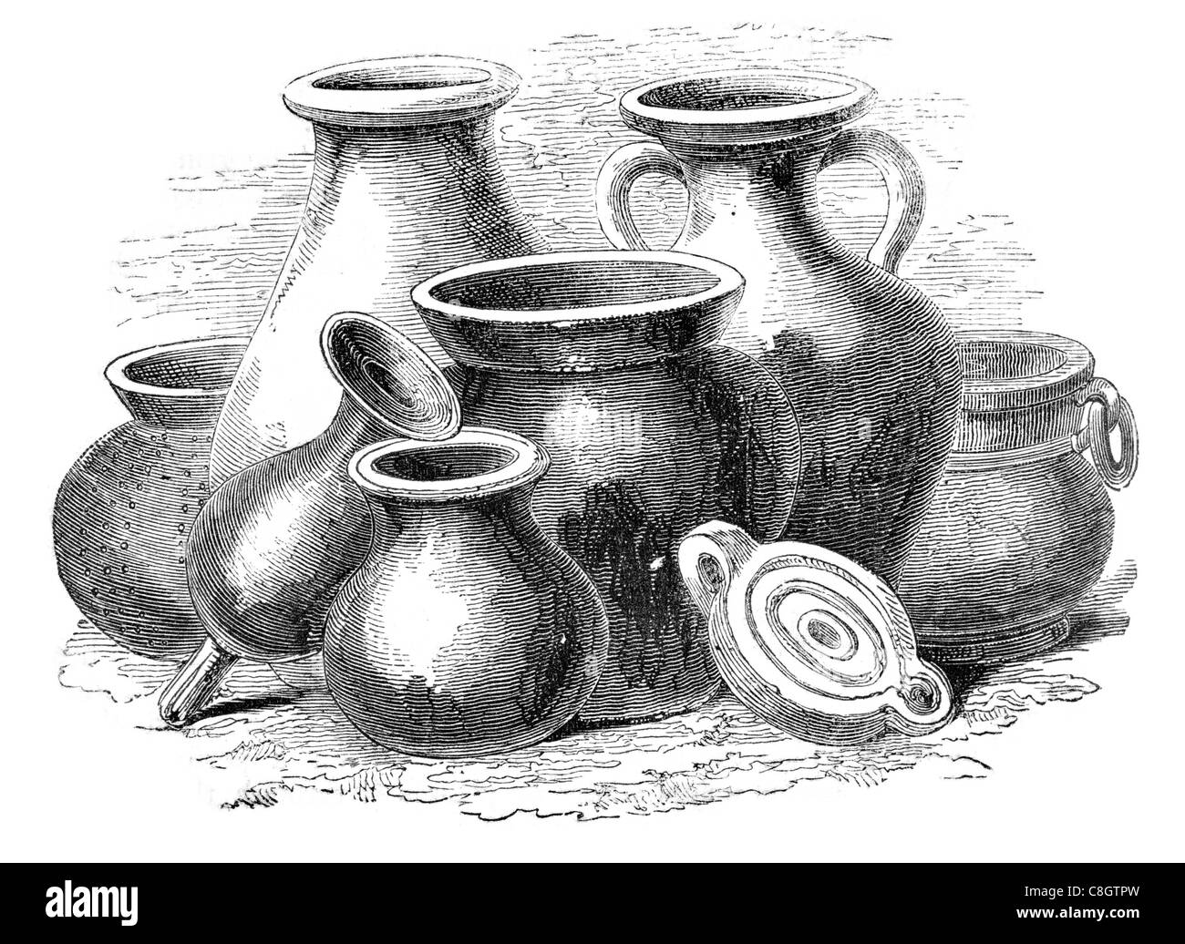 Roman British Earthen Vessels Earthenware ceramic pottery tableware decorative object ball clay kaolin quartz feldspar Creamware Stock Photo