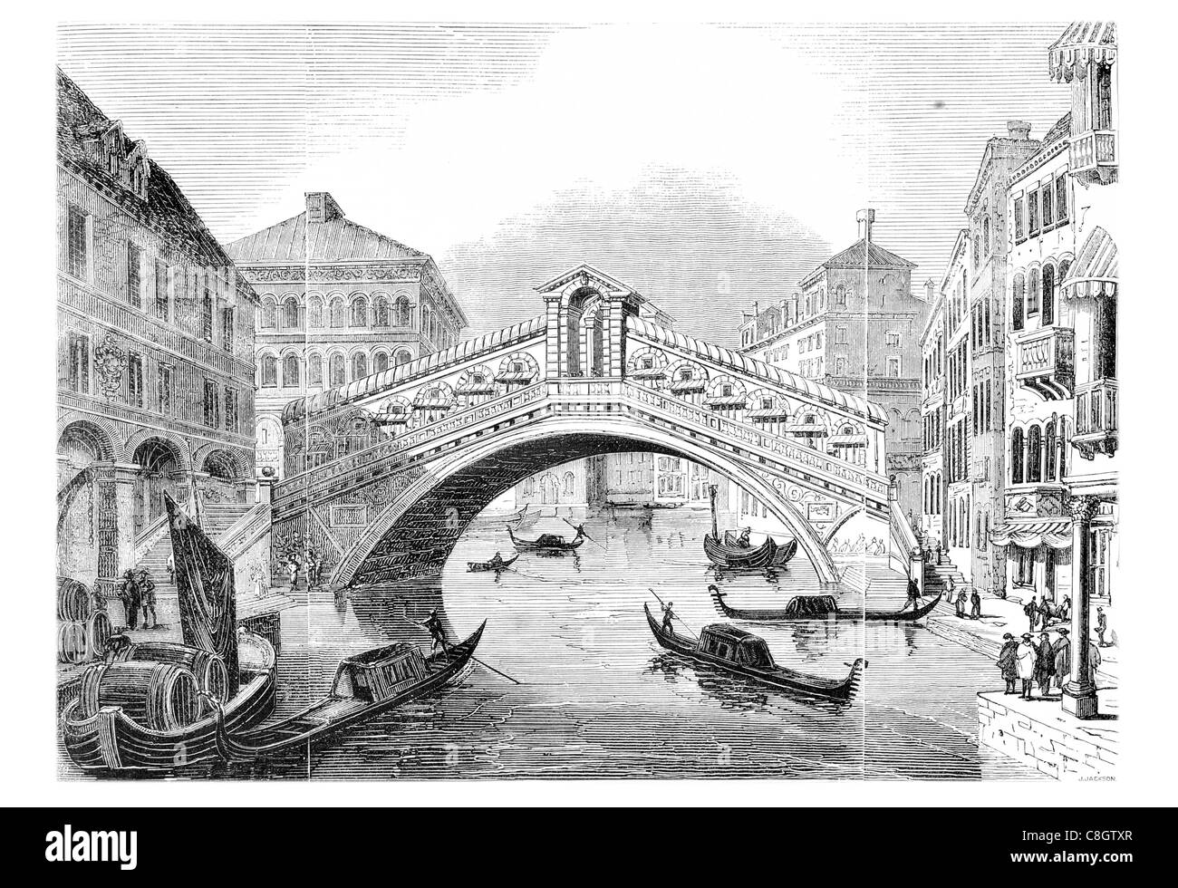 Rialto Bridge Ponte di Rialto Grand Canal Venice Italy stone arch single span Antonio da Ponte central portico architectural Stock Photo