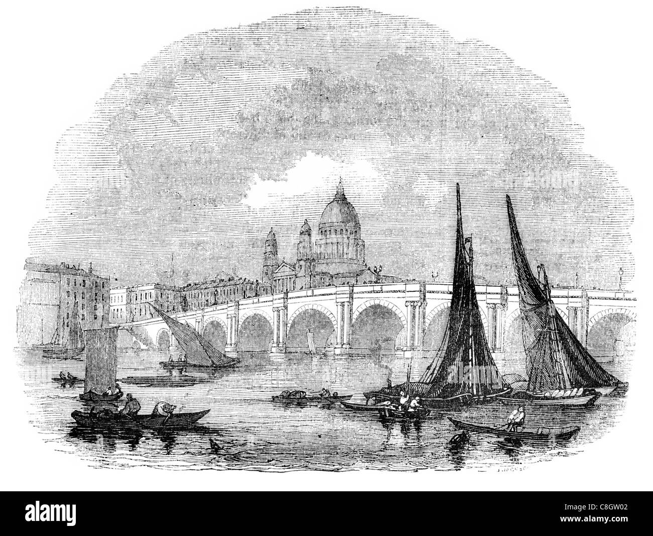 1842 Blackfriars Bridge foot traffic River Thames London A201 road Portland stone extensive repairs Stock Photo