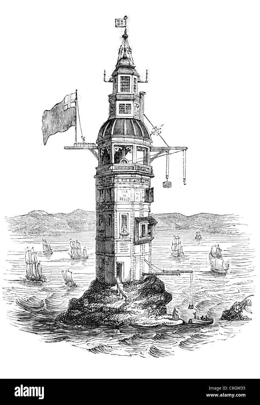 first Winstanley's lighthouse Eddystone Rocks octagonal wooden structure Henry Winstanley 1696 1698 French privateer prisoner Stock Photo